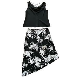 VTG 2Pc. SL. Fashion Top/ Skirt Set Black/ White 16W Short Sleeve Hi/ Low Floral